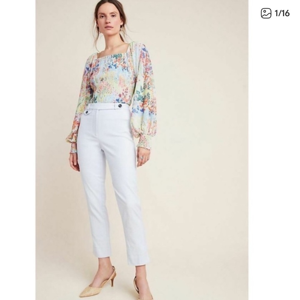 Anthropologie The Essential Slim Sky Blue Cotton High Rise Trouser Pants Size 14